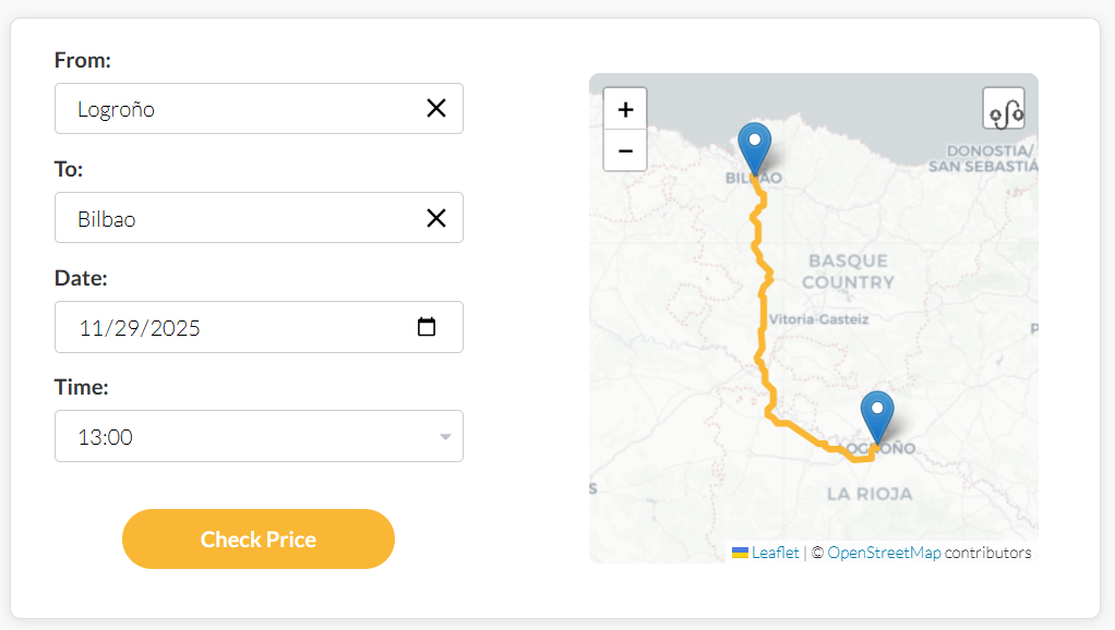 Interface do sistema de reserva de táxis mostrando formulário de seleção de rota e mapa interativo com funcionalidade de reserva